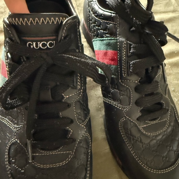 Gucci Other - Gucci Black Leather Sneakers with Green and Red Web Stripe